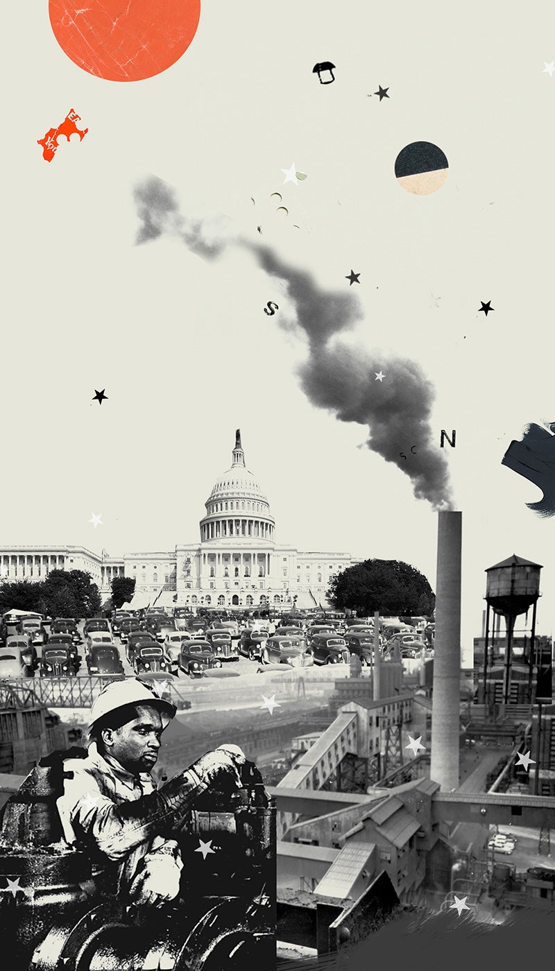 Black and white image of Capitol building in the background. Rows of cars. Smoke stacks. Worker in protective gear. A round orange sun on top.