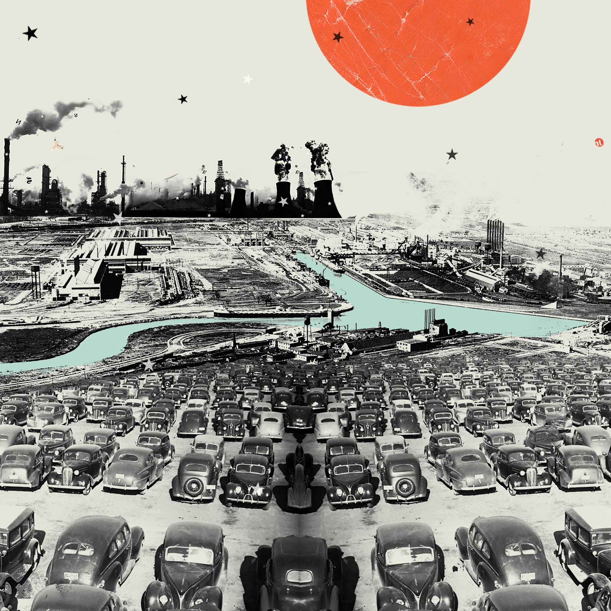 Photo illustration of black and white cars, with black and white refineries in background. Bright orange sun. Mint green waterway.