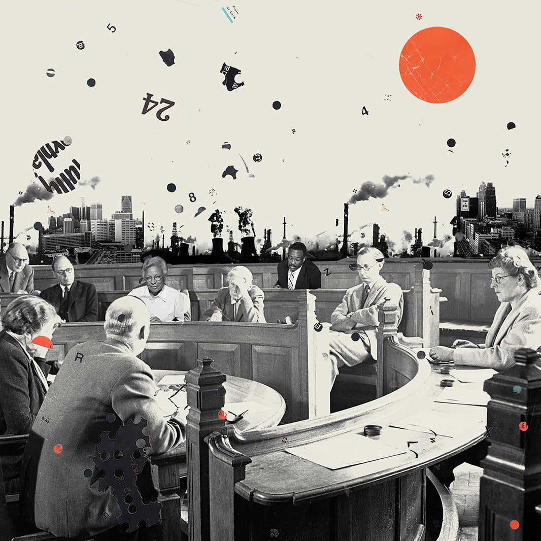 Black and white image of a group of people in a small courtroom with semi-circular benches facing the central table. Backdrop of industrial plants with exhaust bellowing out of smoke stacks. A round orange sun on the top right.