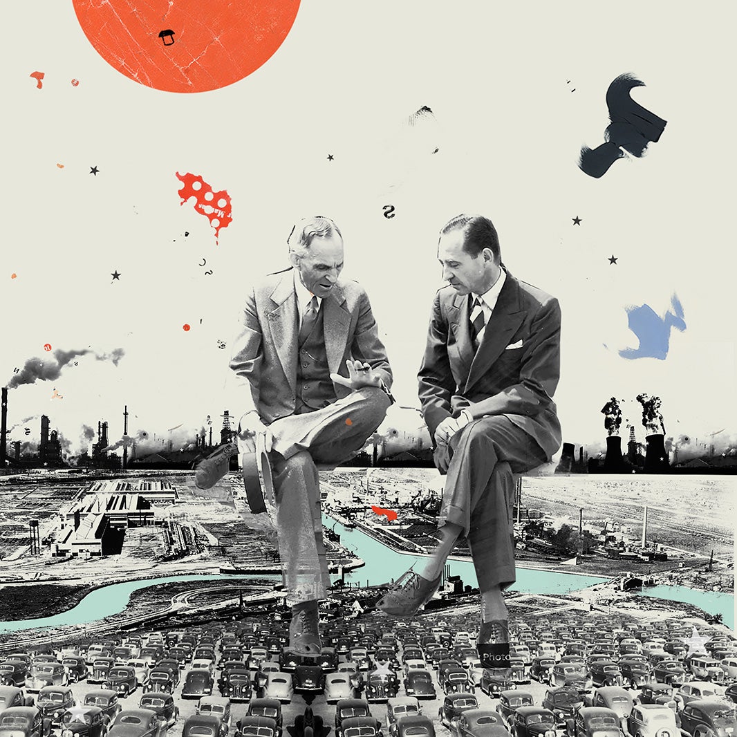 Black and white image of two men in suit and tie, sitting cross-legged, in discussion with one another. They sit on the horizontal intersection of industrial plants, spewing exhaust from smoke stacks, and rows of cars. An orange sun on top.