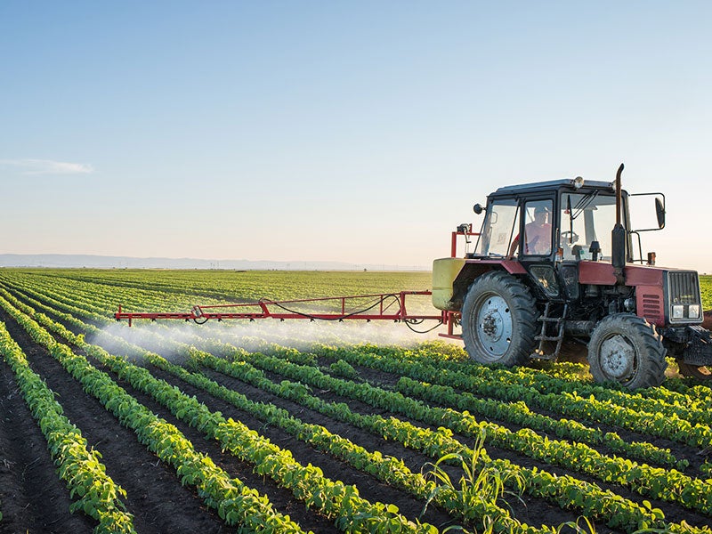 Tractor spraying soybean fields at spring.