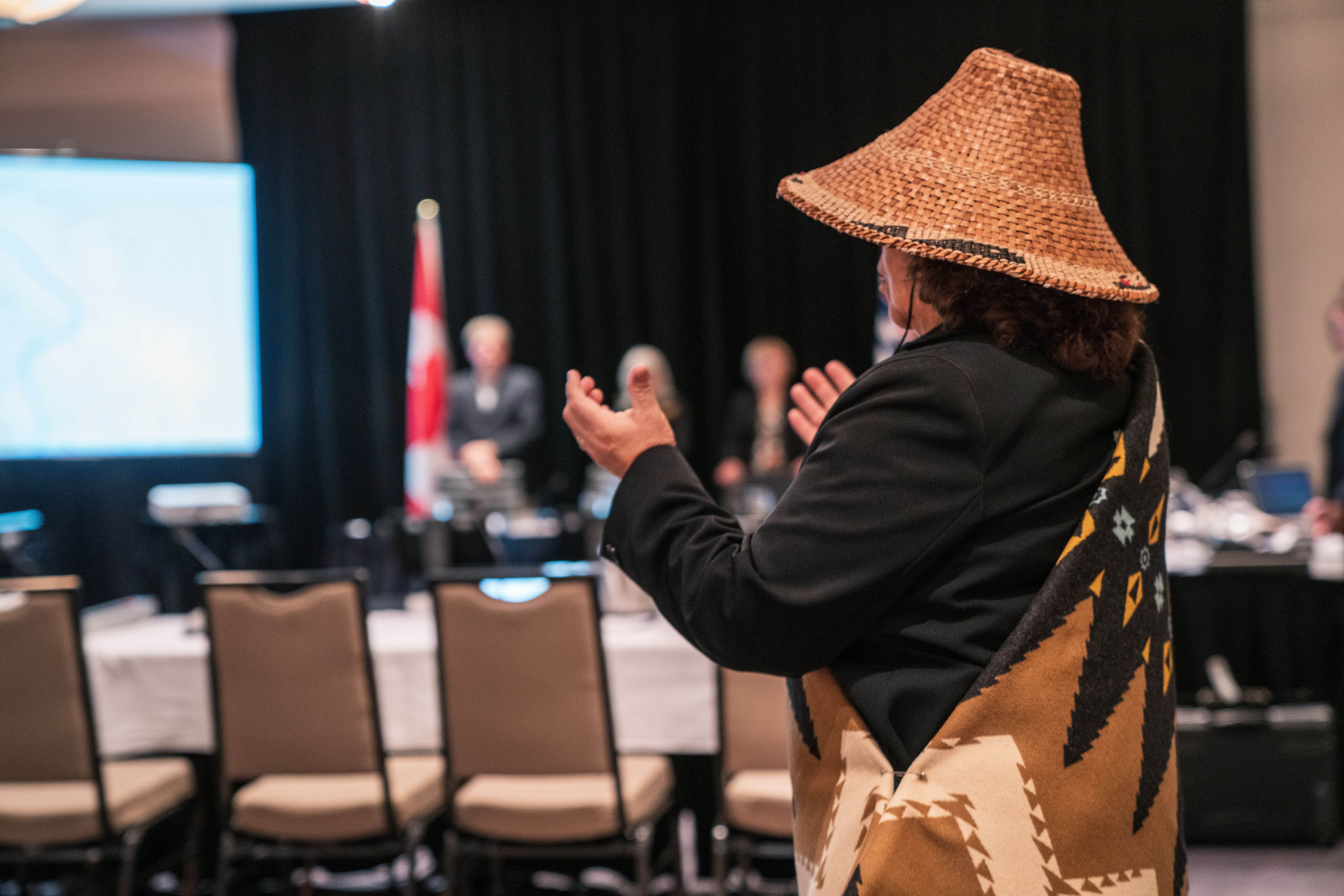 Tulalip Tribes Chairwoman Marie Zackuse before addressing Canada's National Energy Board.
(Alex Harris for Earthjustice)