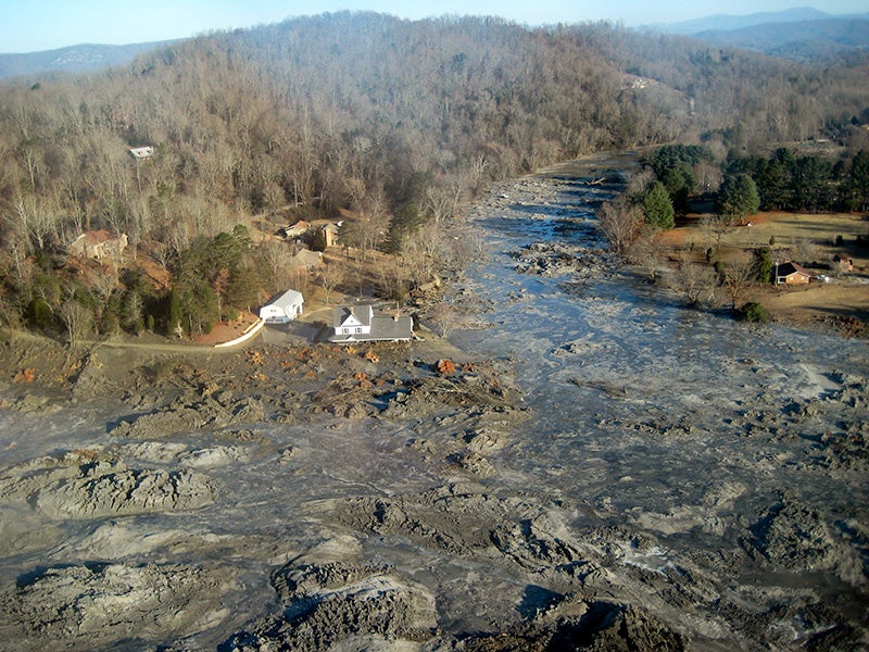The devastating aftermath of the coal ash spill at Kingston, TN, in 2008. One billion gallons of toxic coal ash spilled from the Tennessee Valley Authority's Kingston Fossil Plant, covering 300 acres, destroying homes, poisoning rivers, and contaminating coves and residential drinking waters. (TVA)