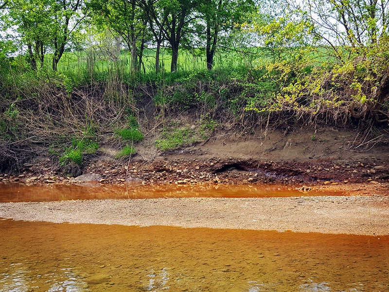 Pooling seeps of toxic coal ash waste, the red material in the river bank, from Dynegy’s Vermilion Power Plant in Oakwood, Illinois, can be seen leaking into the Middle Fork of the Vermilion River.