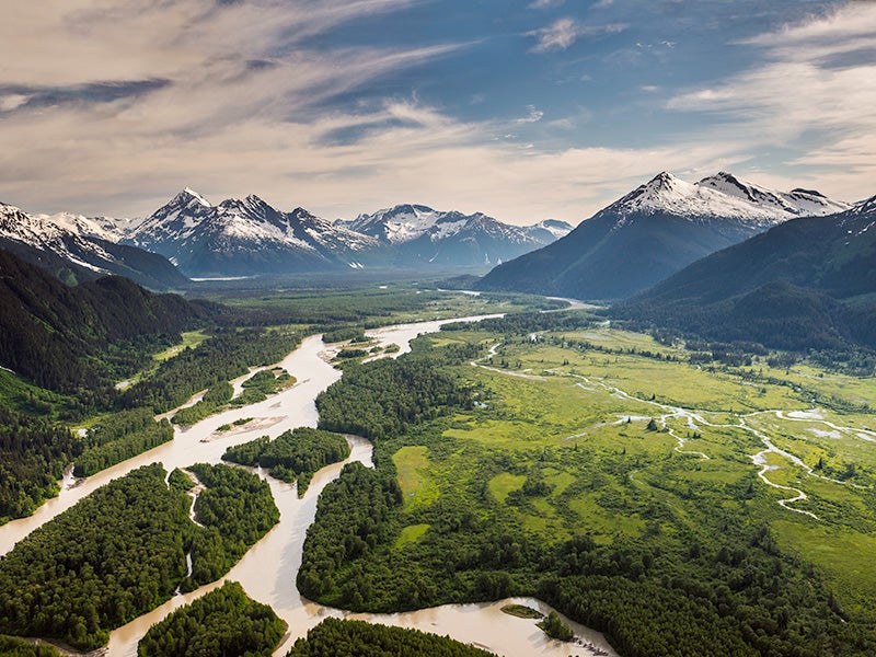 View of the Tulsequah River, looking east towards the confluence with Taku River.