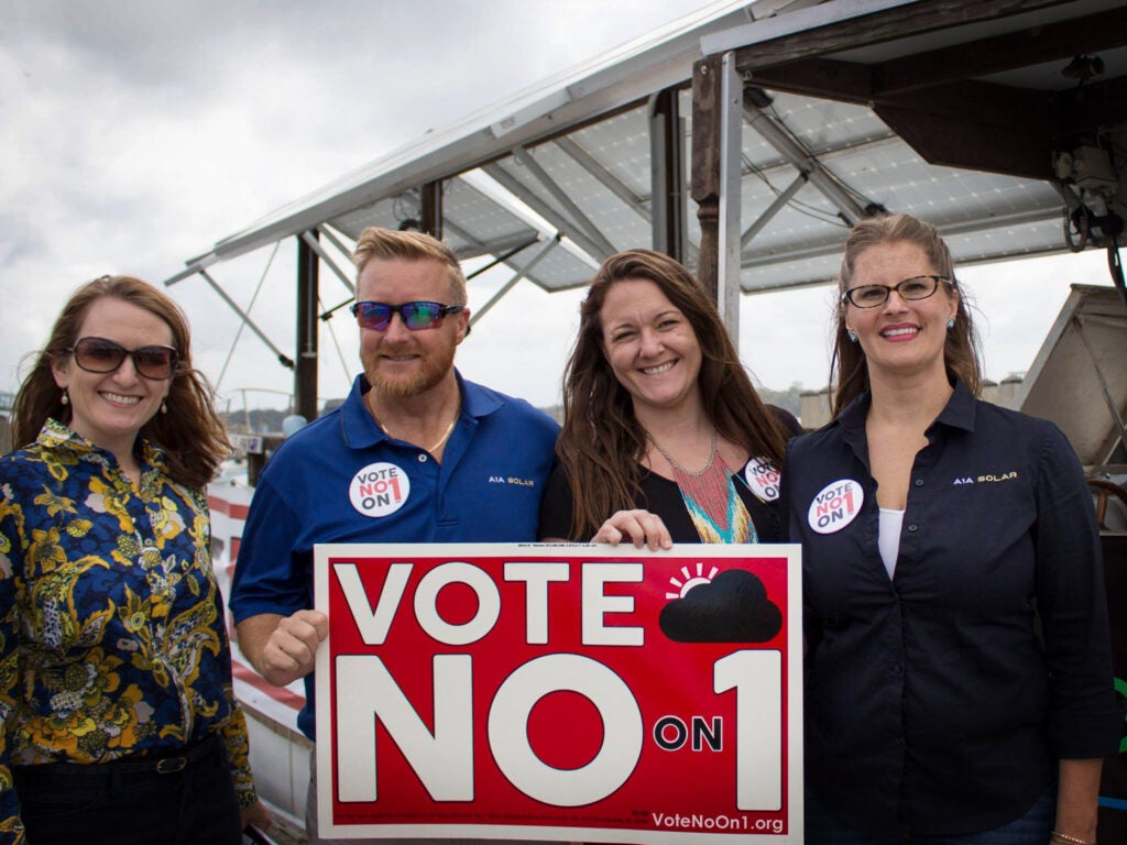 Representatives of FL SUN and A1A Solar Contracting, Inc. stand in front of Archimedes, the world’s largest solar-powered concrete boat, which kicked off a statewide boat tour educating Floridians why they must vote no on the deceptive, utility-backed Amendment 1 on November’s ballot.
(Floridians for Solar Choice)