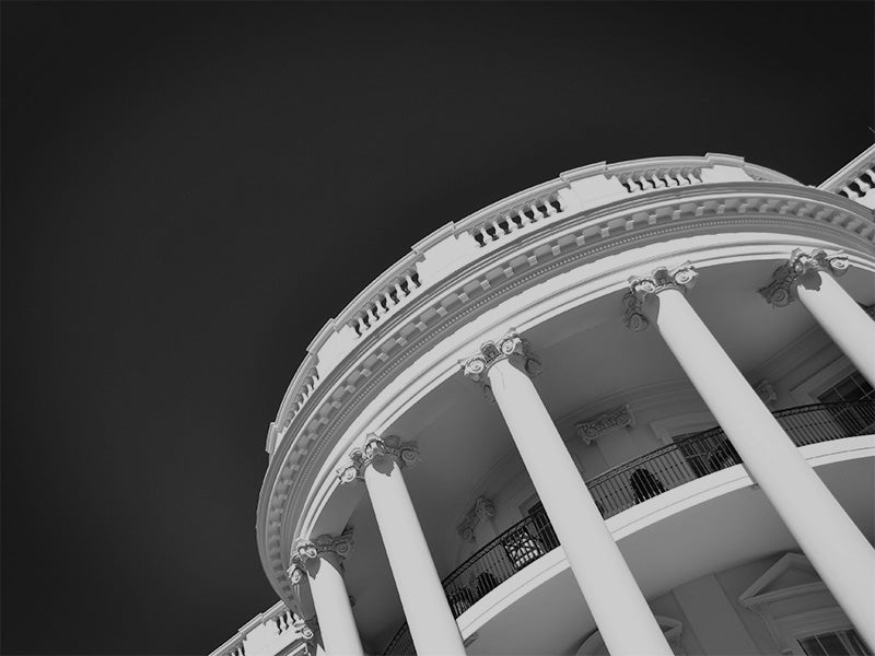 An upward view of the White House.