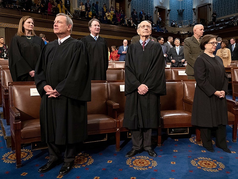 U.S. Supreme Court Justices (L-R) Amy Coney Barrett, John Roberts, Brett M. Kavanaugh, Stephen G. Breyer, and Elena Kagan attend the State of the Union address by President Joe Biden to a joint session of Congress in the U.S. Capitol House Chamber on Mar.