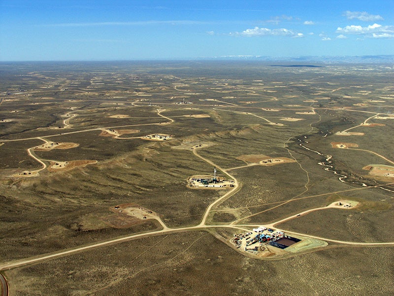 Natural gas well pads, pipelines, and other associated infrastructure in the Upper Green River Basin in Wyoming.